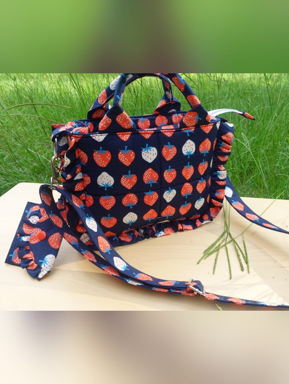 Aurélie Navy Strawberry Print Crossbody Bag with Ruffle Trim